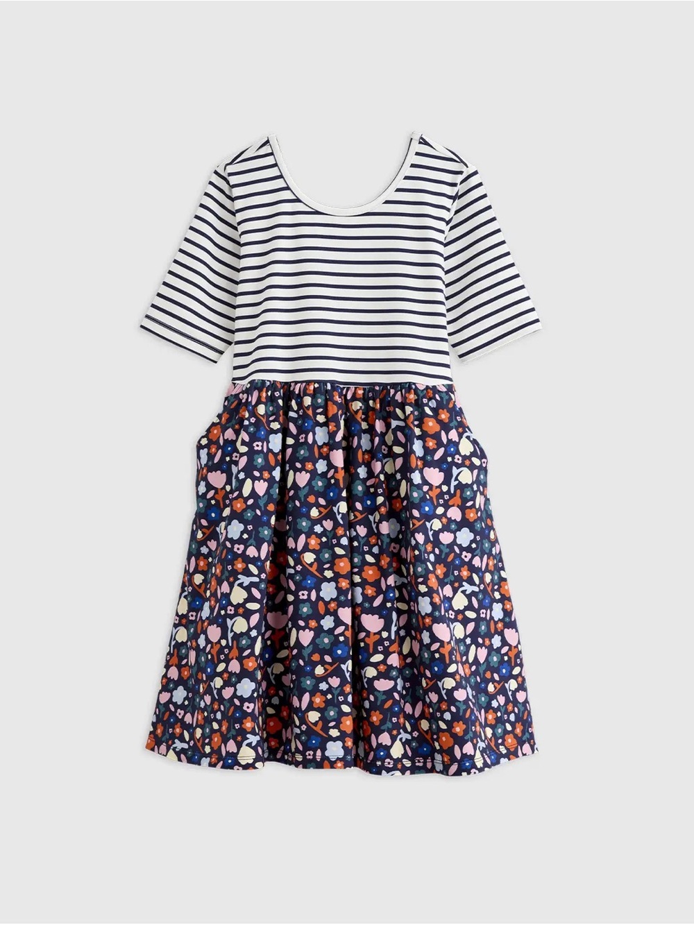 Quince Navy Striped Top with Floral Navy Skirt Dress